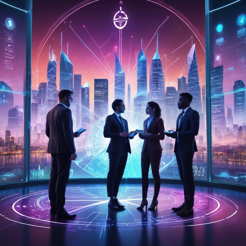 A futuristic city skyline with digital screens displaying graphs and financial data, showing diverse individuals engaging with technology like smartphones and tablets. In the foreground, a glowing compass symbolizes guidance in digital banking. Include elements like blockchain motifs and currency symbols in the background. cyberpunk. vibrant colors. 3D.