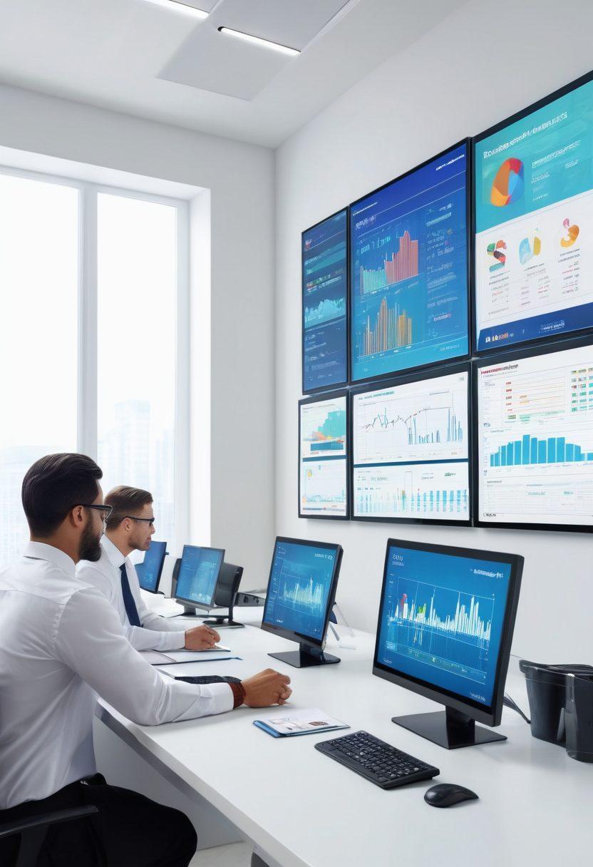 A dynamic scene depicting a modern neobank office filled with diverse professionals engaged in digital finance discussions, showcasing innovative technology like touch screen displays and graphs. Incorporate elements of investment banking with stacks of digital currency and stock market tickers. The atmosphere should feel empowering and futuristic, with a blend of sleek design and vibrant colors. super-realistic. vibrant colors. white background.