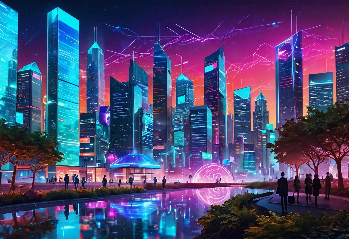 A futuristic digital landscape depicting a seamless blend of traditional banking and modern e-banking solutions. Include people interacting with mobile banking apps, holographic interfaces displaying financial data, and virtual currency symbols floating in the air. Use bright, vibrant colors to highlight innovation and connectivity. The background should have sleek skyscrapers and greenery representing a harmonious balance between technology and nature. 3D. vibrant colors. cyberpunk.